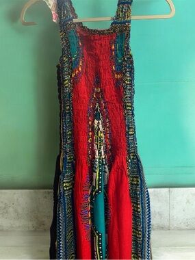 India Boutique Red and Teal Boho Smocked Maxi Dress